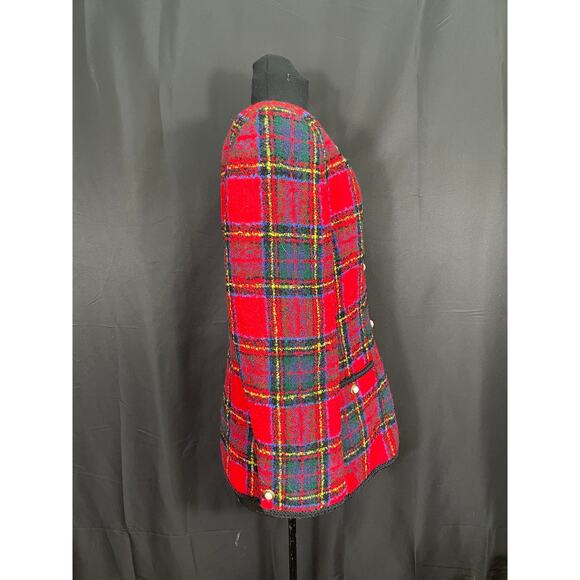 Vintage Red Plaid Talbots Blazer, Pearl Buttons & Black Trim,  Holiday Jacket - Picture 2 of 9